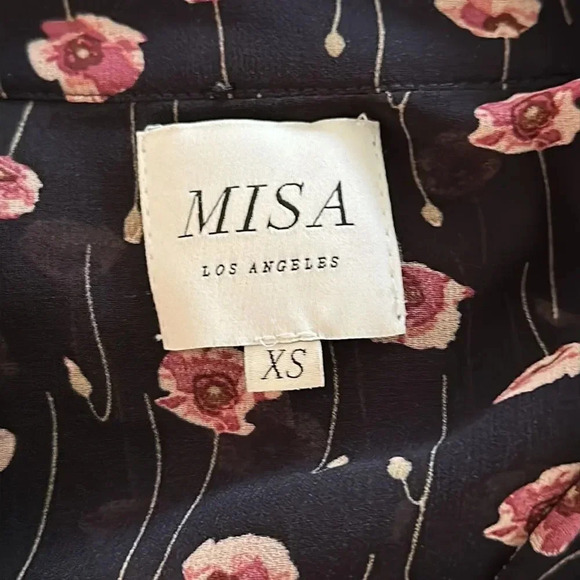 Misa Los Angeles sz XS navy floral print blouse with ruffles tie at chest EUC - Picture 7 of 9